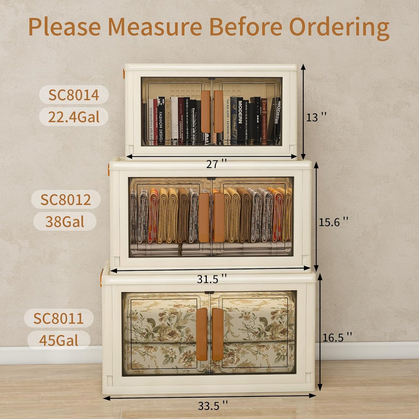 Plastic Stackable Storage Bins with Lids and Wheels, Foldable Closet Organizers and Storage Containers for Bathroom, Collapsible Clear Drawer Storage Cabinet with Doors White 45Gal 4Tiers