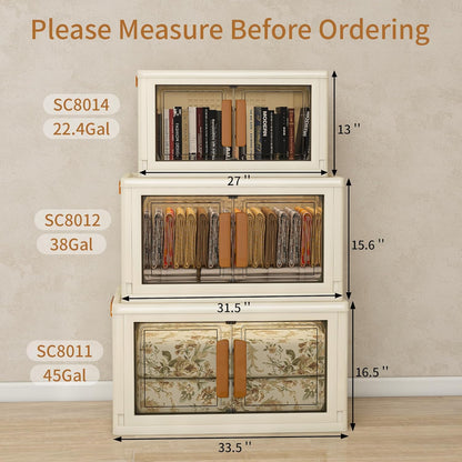 Plastic Stackable Storage Bins with Lids and Wheels, Foldable Closet Organizers and Storage Containers for Bathroom, Collapsible Clear Drawer Storage Cabinet with Doors White 45Gal 2Tiers