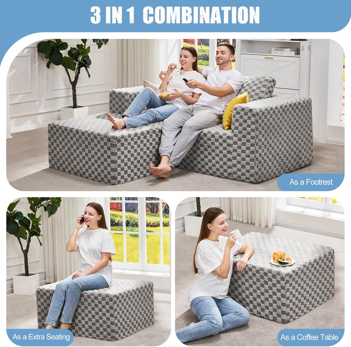 Hobestluk Rectangle Ottoman Memory Foam Footrest for Couch with Removable Cover Large Floor Seating for Adults Ottoman Coffee Table for Living Room, Bedroom or Office (Plush Grey, Footrest)