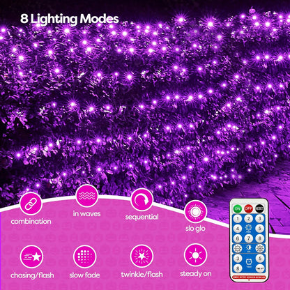 WBao Solar Halloween Lights Outdoor, 200LED 8.4ft x 5.2ft Halloween Net Lights with Remote, 8 Modes, Timer, IP65 Waterproof & Dark Green Wire for Lawn, Bushes, Trees Outdoor Decorations, Purple