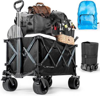 36" Collapsible Wagon Cart with Big All-Terrain Beach Wheels, Foldable Heavy Duty Wagons, Utility Carts for Camping, Garden, Outdoor, Grocery, Sports, Free Packable Backpack Included