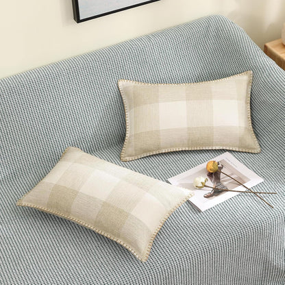 decorUhome Buffalo Plaid Check Fall Throw Pillow Covers 12x20 Set of 2, Outdoor Lumbar Decorative Farmhouse Pillow Covers with Stitched Edge for Bed Couch Sofa, Cream White and Beige