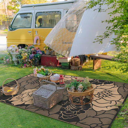 GENIMO Outdoor Rug Waterproof for Patio Decor, 8' x 10' Reversible Plastic Straw Floral Camping Carpet, Large Area Rugs Mats for RV, Camper, Deck, Balcony, Porch, Beach, Picnic, Mix-Black & Brown