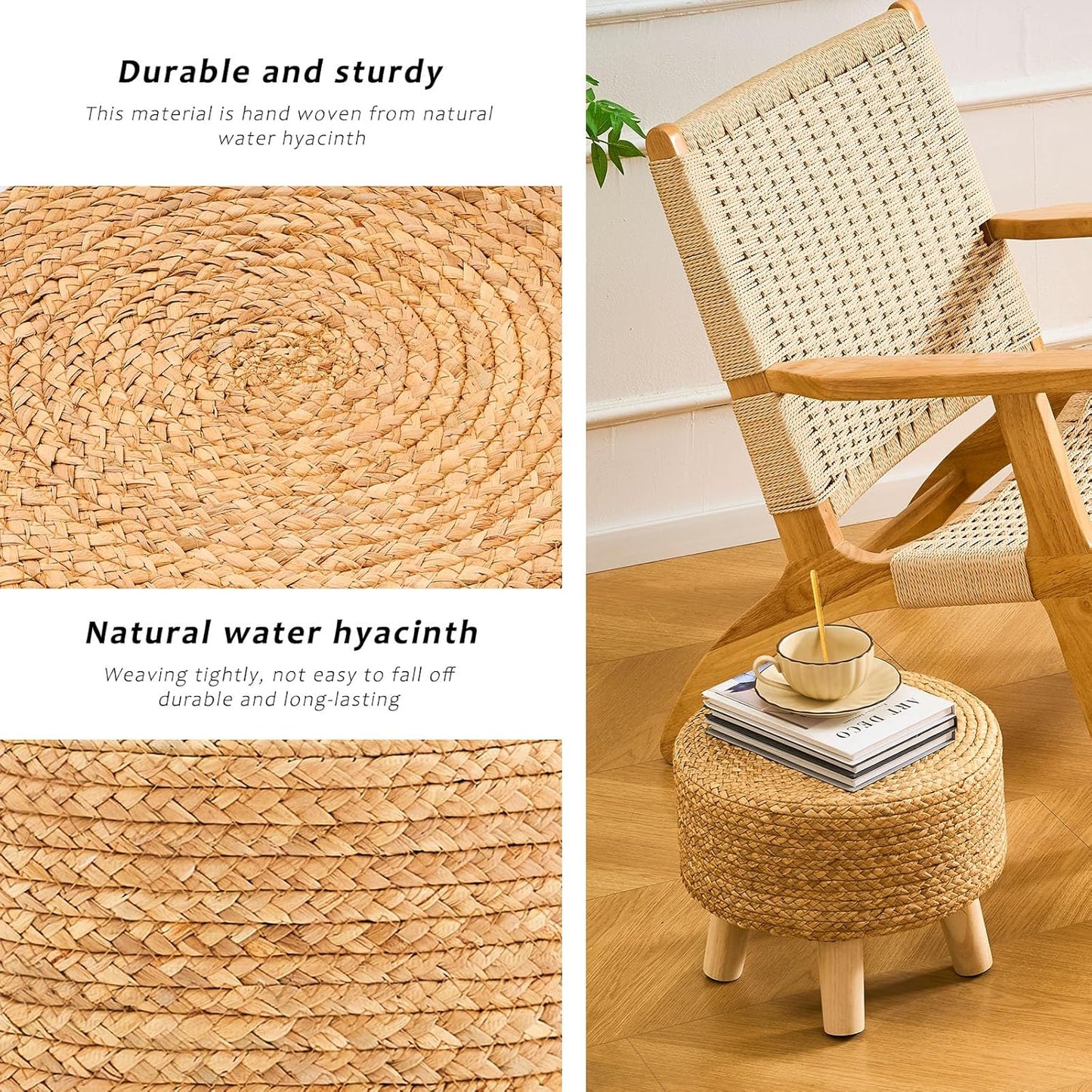 Handwoven Round Ottoman, Natural Water Hyacinth Outdoor Patio Pouf Seagrass Low Stool with Wood Legs, Soft Padded Footrest for Living Room Bedroom Garden, Natural
