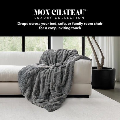 Mon Chateau Grey 3D Jacquard Faux Fur Throw, Plush Luxury Blanket for Couch, Sofa, or Bed, Soft Reversible Throw Blanket for Sleeping, Home & Room Décor, 60" x 70"