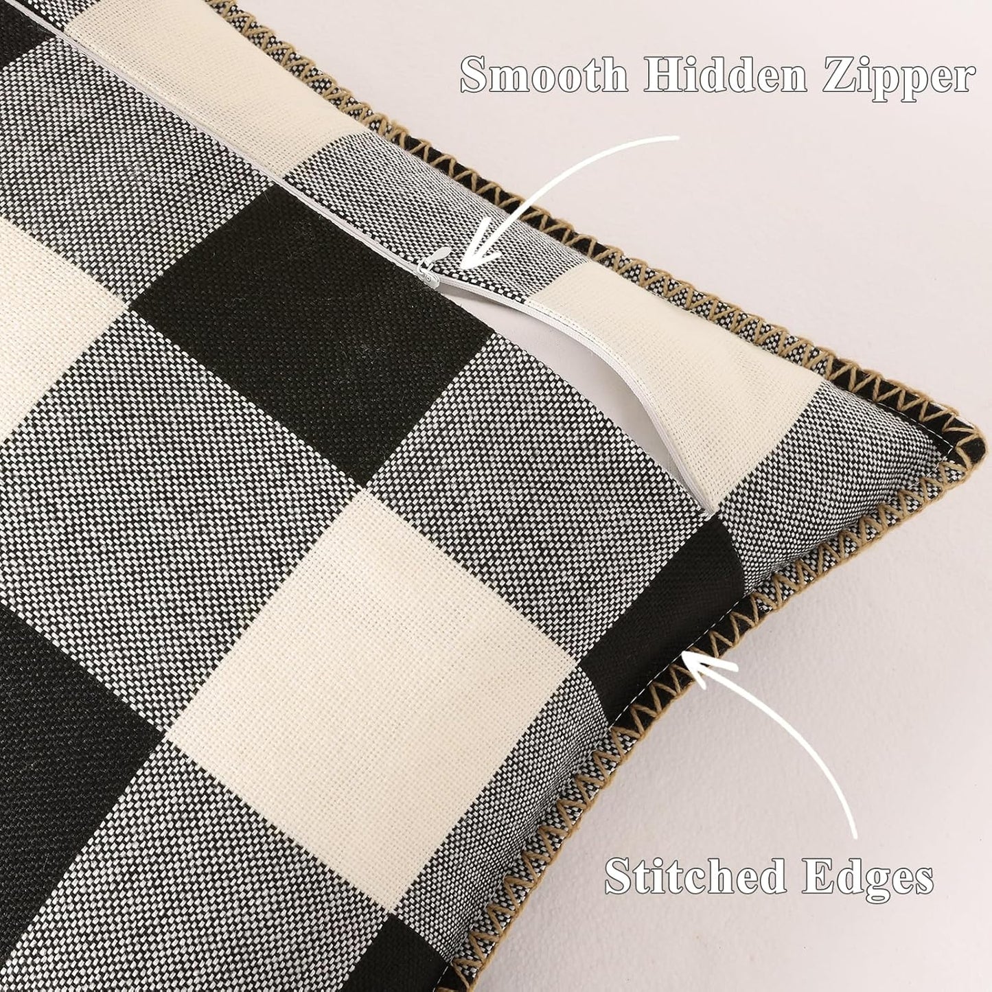 decorUhome Buffalo Plaid Check Throw Pillow Covers 22x22 Set of 2, Outdoor Decorative Farmhouse Neutral Pillow Covers with Stitched Edge for Bed Couch Sofa, Black and White