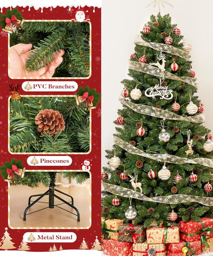 Decoway 7FT Artificial Christmas Tree: Unlit Green Xmas Pine with Pinecones and Metal Stand for Indoor - Holiday Decoration for Porch Living Room Easy Assembly