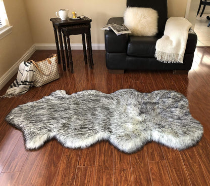 LAMBZY Faux Sheepskin Hypoallergenic Free Shape Silky Shag Rug, Luxury Shaggy Silky Plush Carpet for Bedrooms Rugs Living Sofa Floor (Single and a Half 2'x4', 60x120 cm White with Black Tips)