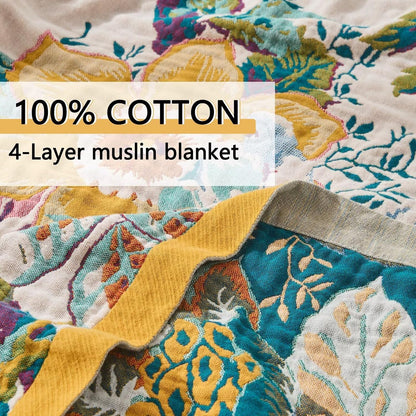 Boho Throw Blanket, Ultra Soft Rustic Quilt for Bed, Lightweight Fall Throws Blanket Muslin Blankets for Adults, Picnic, Farmhouse Decor, Cozy 100% Cotton Throw Blankets, Happiness, 60"x80"