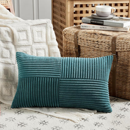 Fancy Homi 2 Packs Teal Lumbar Decorative Throw Pillow Covers 14x24 Inch for Living Room Couch Bed Sofa, Rustic Farmhouse Boho Home Decor, Soft Striped Corduroy Rectangle Accent Cushion Case 35x60 cm