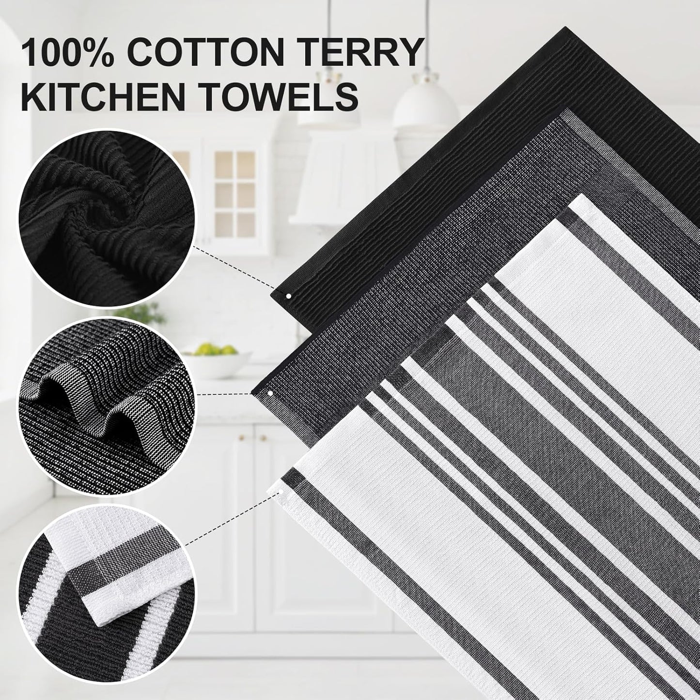 Homaxy Premium Kitchen Towels(18”x 28”, 3 Pack), Large Cotton 380 GSM Kitchen Hand Towels, Soft and Absorbent Terry Dish Towels, Multipurpose Tea Towel Set with Hanging Loop, Black