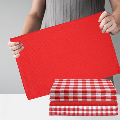 Kitchen Towels Set of 6 Soft Premium Cotton Highly Absorbent Dish Towels 18x28 Inches, Washable & Reusable Tea Towel, Quick Drying Dish Cloths with Hanging Loop - Red/White, Checks