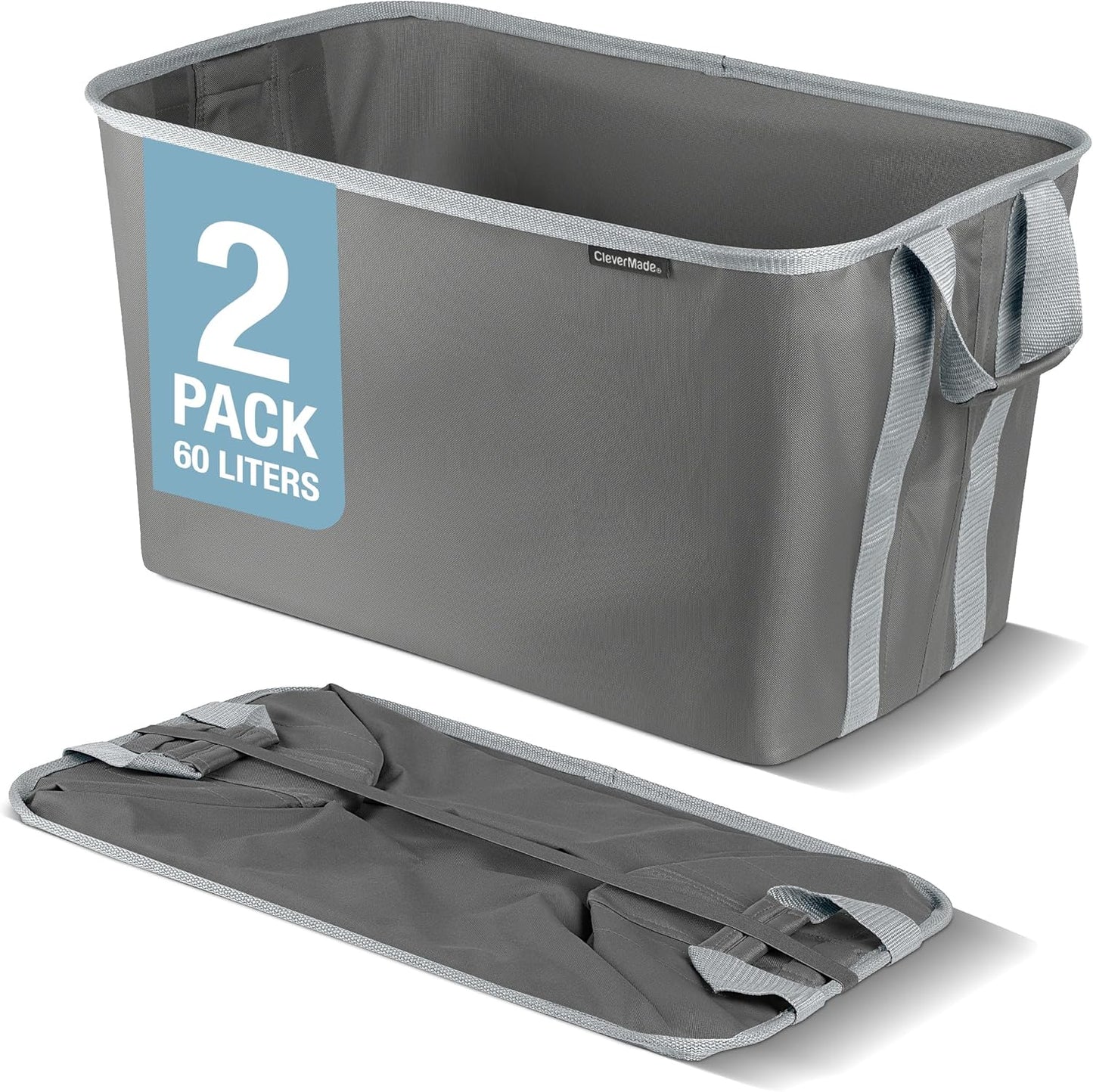 CleverMade Collapsible Laundry Basket Hamper - Shadow Stone Gray 2-Pack 60L - Space Saving Storage Organizer with Handles Foldable Home Organization
