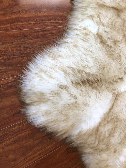 LAMBZY Faux Sheepskin Hypoallergenic Free Shape Silky Shag Rug, Luxury Shaggy Silky Plush Carpet for Bedrooms Rugs Living Rooms Sofa Floor Rugs (Octo 8 Pelts 6'x8', White/Brown Tips)