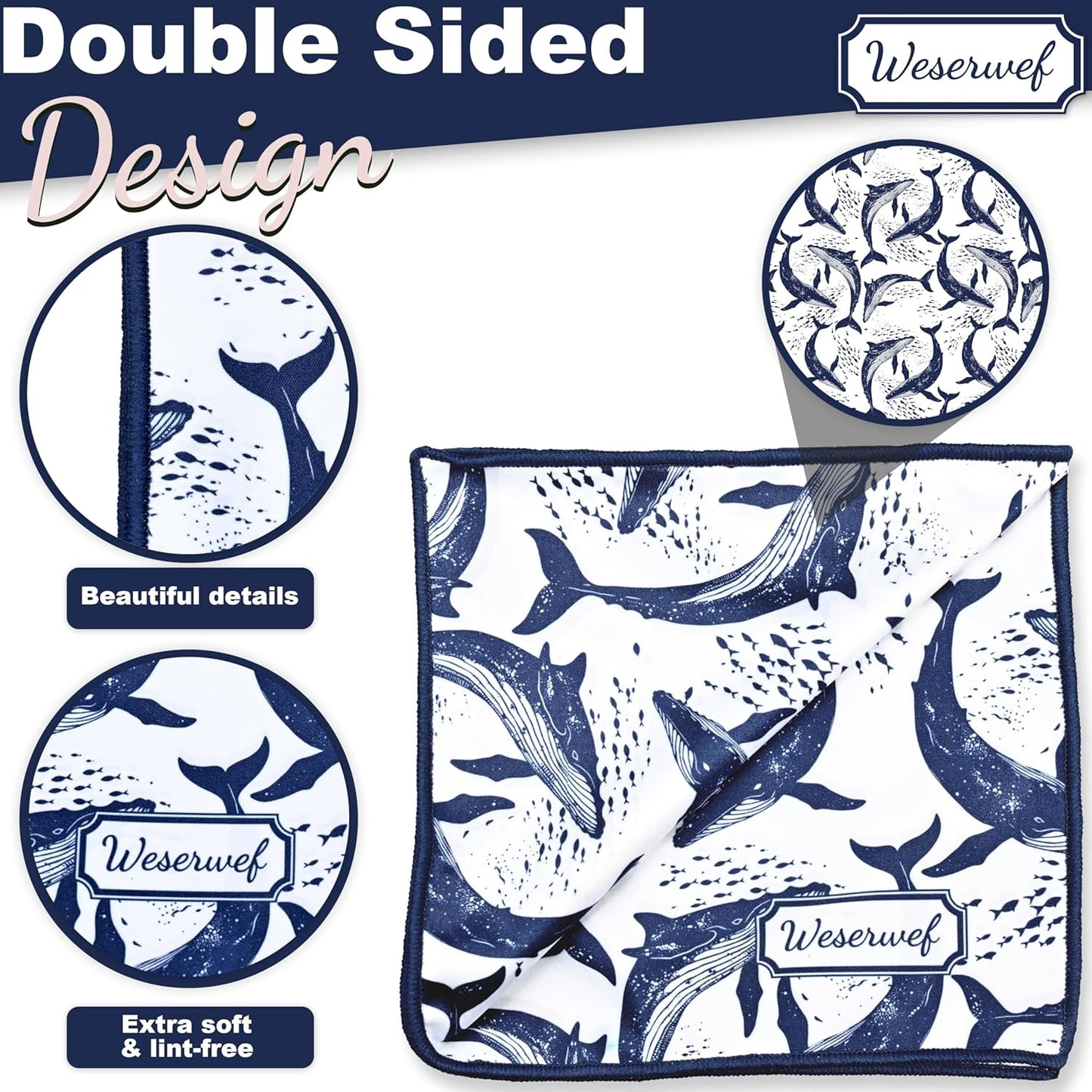 WESERWEF Design Microfiber Glasses Cleaning Cloth – Premium Cleaning Cloth for Eyeglasses, Screens, Tablets, Cameras & Lenses, 12" x 12", Ultra-Soft & Scratch-Free (Whales)