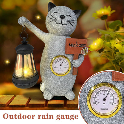 Solar Cat Outdoor Statues for Garden-Creative Thermometer-Lantern-Welcome Sign, Suitable for Yard Art, Lawn Ornaments, Porch, Terrace, Alcove, Home, House Outdoor, Cat Garden Decoration