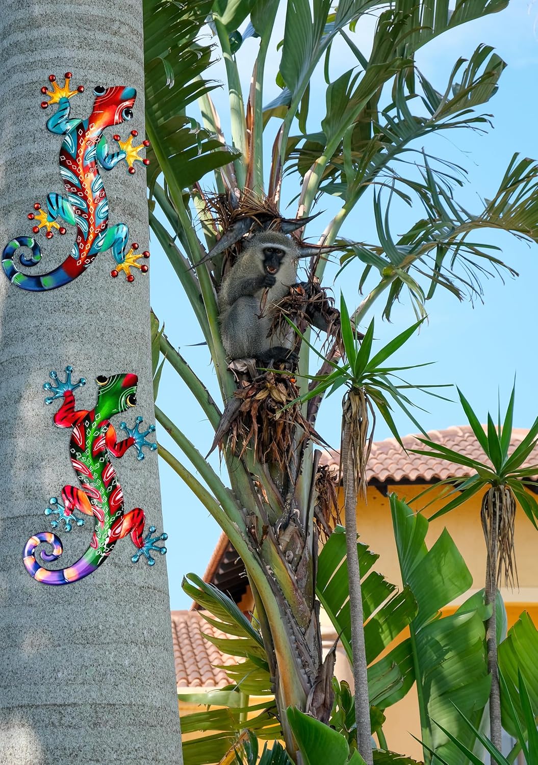 Set of 2 Large Metal Gecko Wall Decor, Outdoor Lizard Wall Art Upgrade Handmade Hanging Sculpture Decoration for Indoor Outdoor Home Garden Yard Fence Patio (2PC Large Gecko)