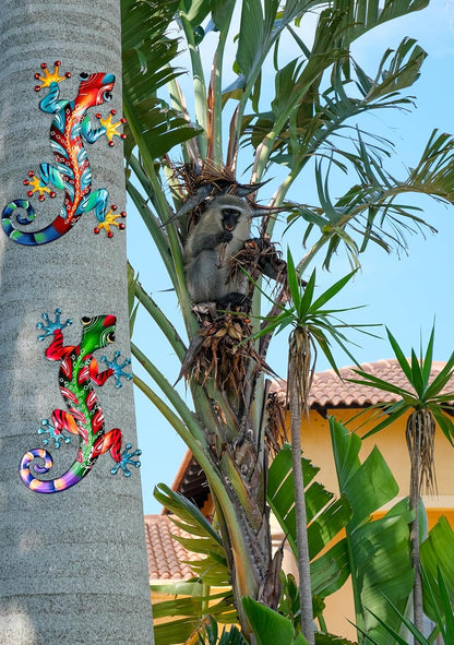 Set of 2 Large Metal Gecko Wall Decor, Outdoor Lizard Wall Art Upgrade Handmade Hanging Sculpture Decoration for Indoor Outdoor Home Garden Yard Fence Patio (2PC Large Gecko)
