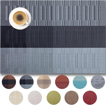 Placemats Set of 8 - Easy Clean Woven Vinyl Placemats for Dining Table, Indoor/Outdoor Place Mats, Washable PVC Table Mats （Silver Gray Black）