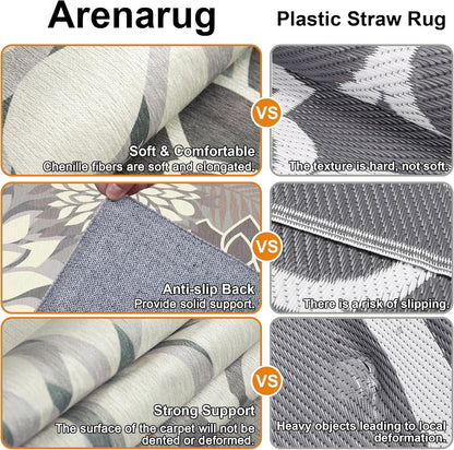 Indoor Outdoor Area Rug Washable Multicolored Patio Rug Tropical Botanical Modern Floral Indoor Outdoor Carpet Brown White Rug Non Slip Non Shedding for Patio, Deck, Backyard, Porch (6x9)