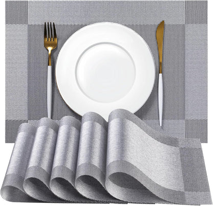 Placemats Set of 4 - Easy Clean Woven Vinyl Placemats for Dining Table, Indoor/Outdoor Place Mats, Washable PVC Table Mats （Silver Cube）