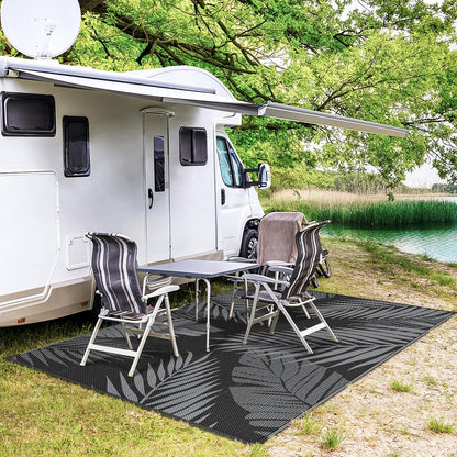 GENIMO Outdoor Rug 6' x 9' Waterproof for Patios Clearance, Reversible Outdoor Plastic Straw Camping Rug Carpet, Large Area Rugs Mats for RV, Camper, Deck, Balcony, Porch, Beach, Picnic, Black&Grey