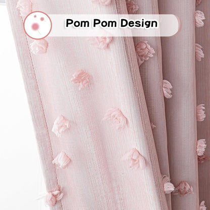 MYSKY HOME 100% Blackout Curtains for Girls Bedroom 90 Inch Long Total Room Darkening Curtain for Living Room 2 Panels Grommet Light Blocking Sliding Door Drapes Blush Pink Pom Pom Sheer 52" x 90"