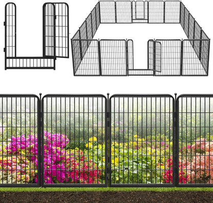 Decorative Black Metal Fencing Garden Fence with Gate, 45ft(L) 40in(H) 20 Fence Panels No Dig Fence Rustproof Animal Barrier Fence Temporary Dog Panels Fencing Outdoor