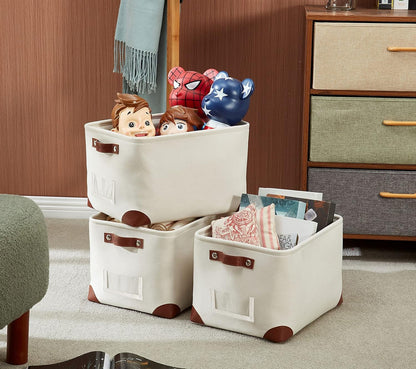 DECOMOMO White Storage Bins Fabric Storage Baskets for Shelves & Linen Closet Organization (Creamy White W/Label holder, Large - 3 Pack)