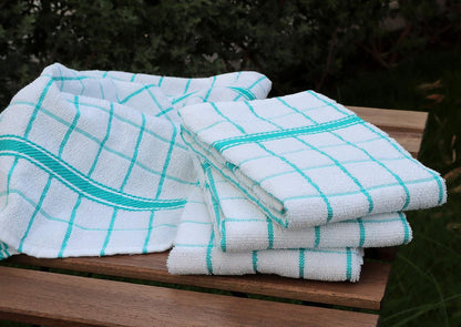 AMOUR INFINI Terry Cotton Kitchen Towels 4-Pack - Large 18 x 28 Inch, Absorbent & Soft Dish Towel with Hanging Loop, Washable Ideal for Cleaning, Drying (Teal)