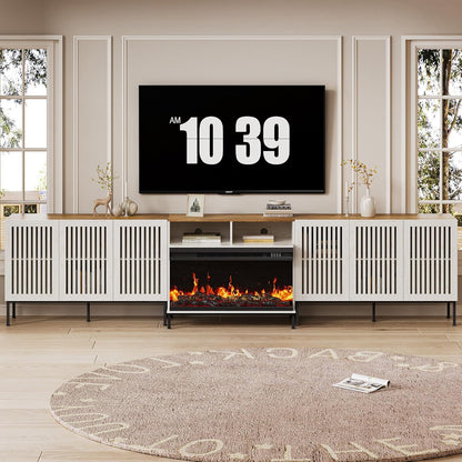 3-Sided Glass Farmhouse Fireplace TV Stand for TVs Up to 110 Inch, Entertainment Center with 36" Electric Fireplace, Antique White TV Console with Storage Cabinets for Living Room