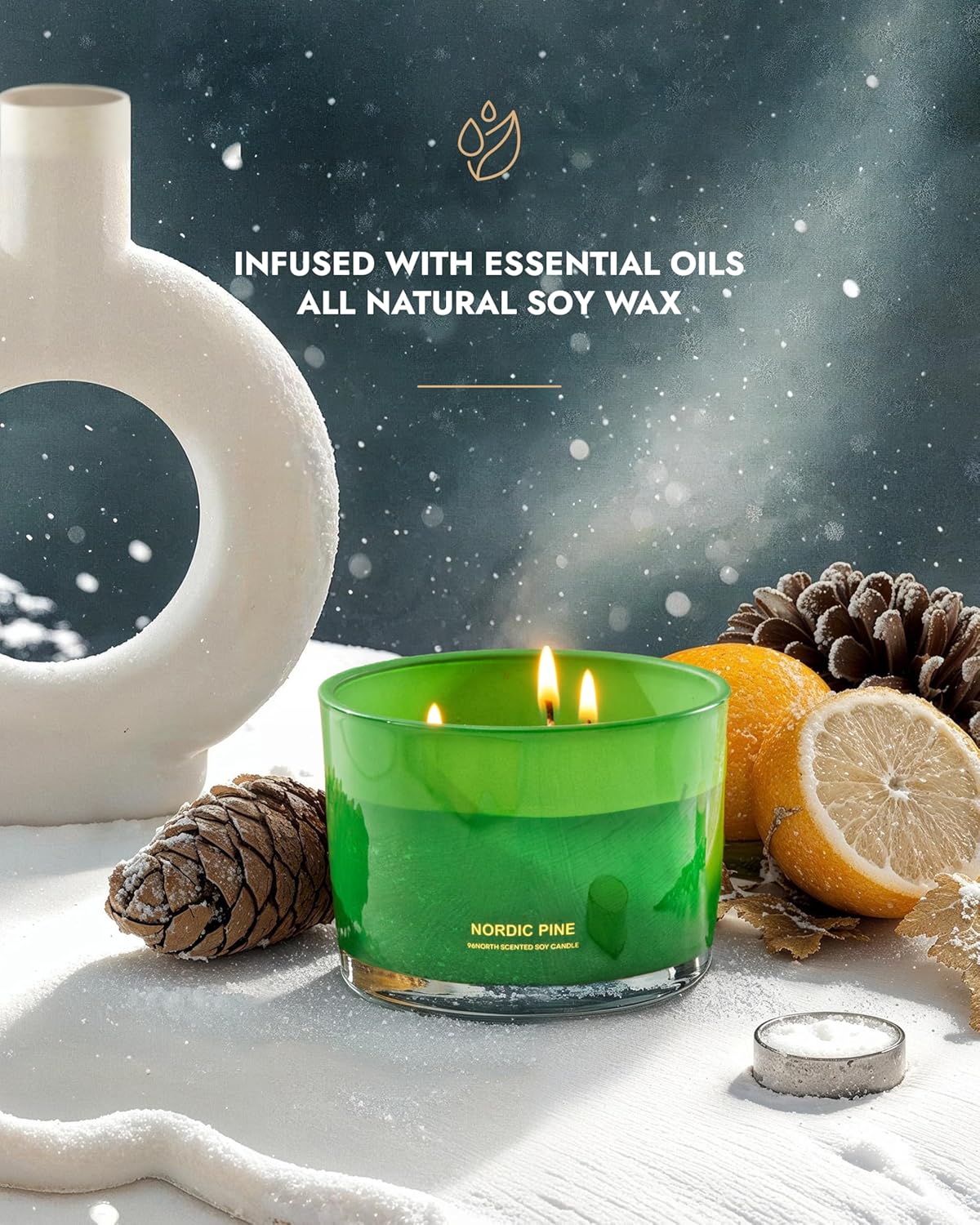 96NORTH Luxury Pine Soy Candle | Large 3 Wick Jar Candle | Up to 40 Hours Burning Time | 100% Natural Soy Wax | Relaxing Aromatherapy Aesthetic Candle