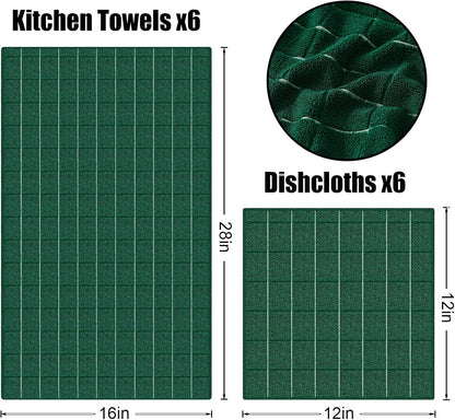 Homaxy Microfiber Kitchen Towels and Dishcloths Set, 12 Pack Soft and Absorbent Dish Hand Towels Bulk, 28 x 16 Inch & 12 x 12 Inch Quick Drying Rags for Washing Dishes, Dark Green