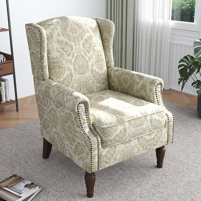 Lumibee Wingback Accent Chair,High Back Floral Armchairs in Fabric,Comfy Upholstered Reading Single Sofa Chair with Solid Wood Legs for Living Room,Bedroom,Office-White