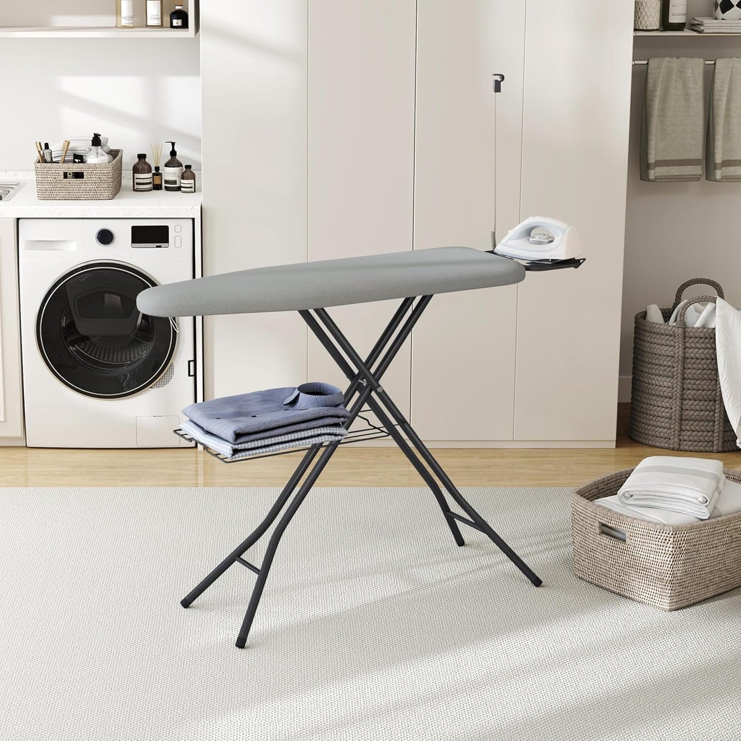Yaheetech Ironing Board, Compact Iron Board with Cord Holder, Steam Iron Rest and Bottom Storage Tray, 9 Adjustable Heights & 3 Layer Cover, Folding Heavy Duty Ironing Board 52X14, Gray