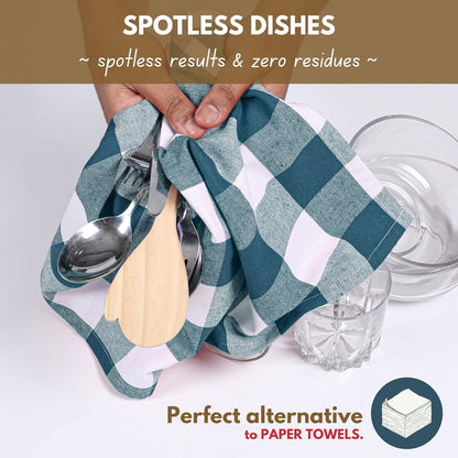 Native Fab 4-Pack Kitchen Towel with Hanging Loop 16x26 inches, Cotton Buffalo Check Kitchen Towels for Cleaning Drying, Washcloths Soft & Absorbent Cloth Rags, Bar Towel, Dish Cloth, Teal Green