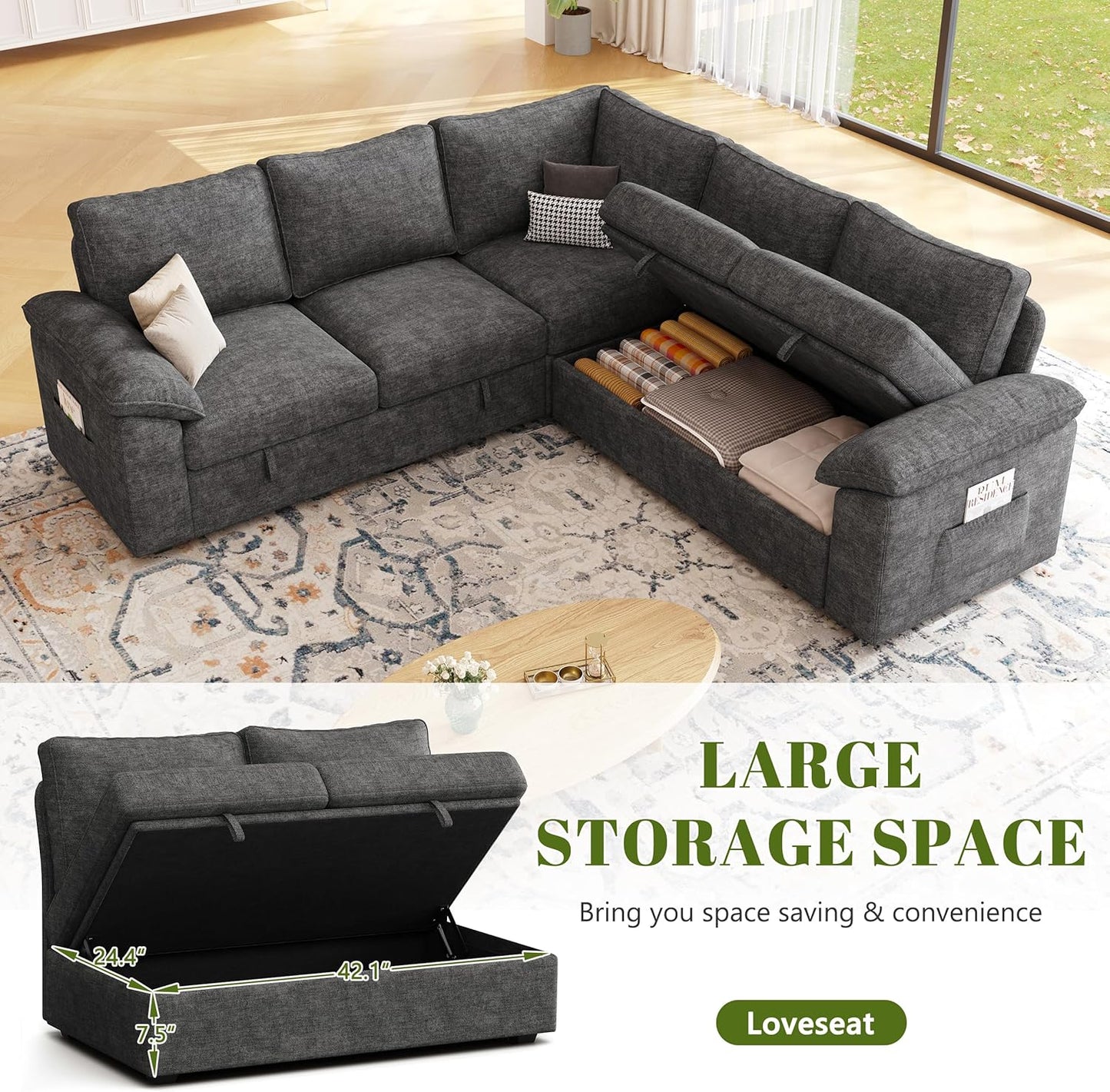 85 Inch Modular Sectional Sofa with Pull Out Bed,L Shaped 5 Seat Sectional Sleeper Sofa with Storage,Sectional Couches for Living Room,Cloud Modular Couch,Removable Sofa Cover,Dark Grey