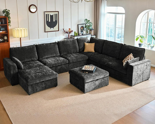 Oversized Modular Sofa Comfy Cloud Couch with Storage, Extra Deep Plush Sectional Sofa Set for Living Room, Covers Washable, Chenille, Olar (Black, 8-Seater with Corner & 2 Ottomans, u-Shaped)