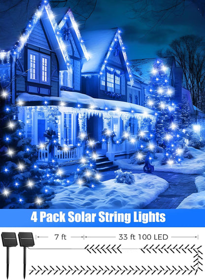Minetom Solar String Lights - 4 Pack, 160FT, 400 LED with 8 Modes, Waterproof, Outdoor Christmas Lights for House & Tree, Blue & White