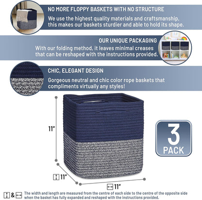 NaturalCozy Storage Cubes 11 Inch Cotton Rope Woven Baskets for Organizing, 3-Pack | Cube Storage Bin | Square Storage Baskets for Shelves Organizer, Classroom, Kids Toy Bins, Closet, Baby Nursery