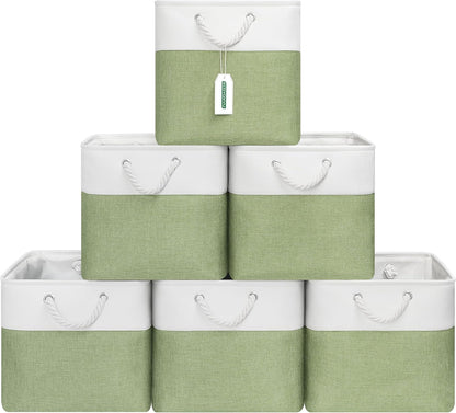 13x13 Inch Cube Storage Bins with Reinforced Bottom Cardboard, 6 Pack Large Collapsible Fabric Storage Cubes with Handles for Shelf, Closet, Toy, Laundry Organization (White&Green)