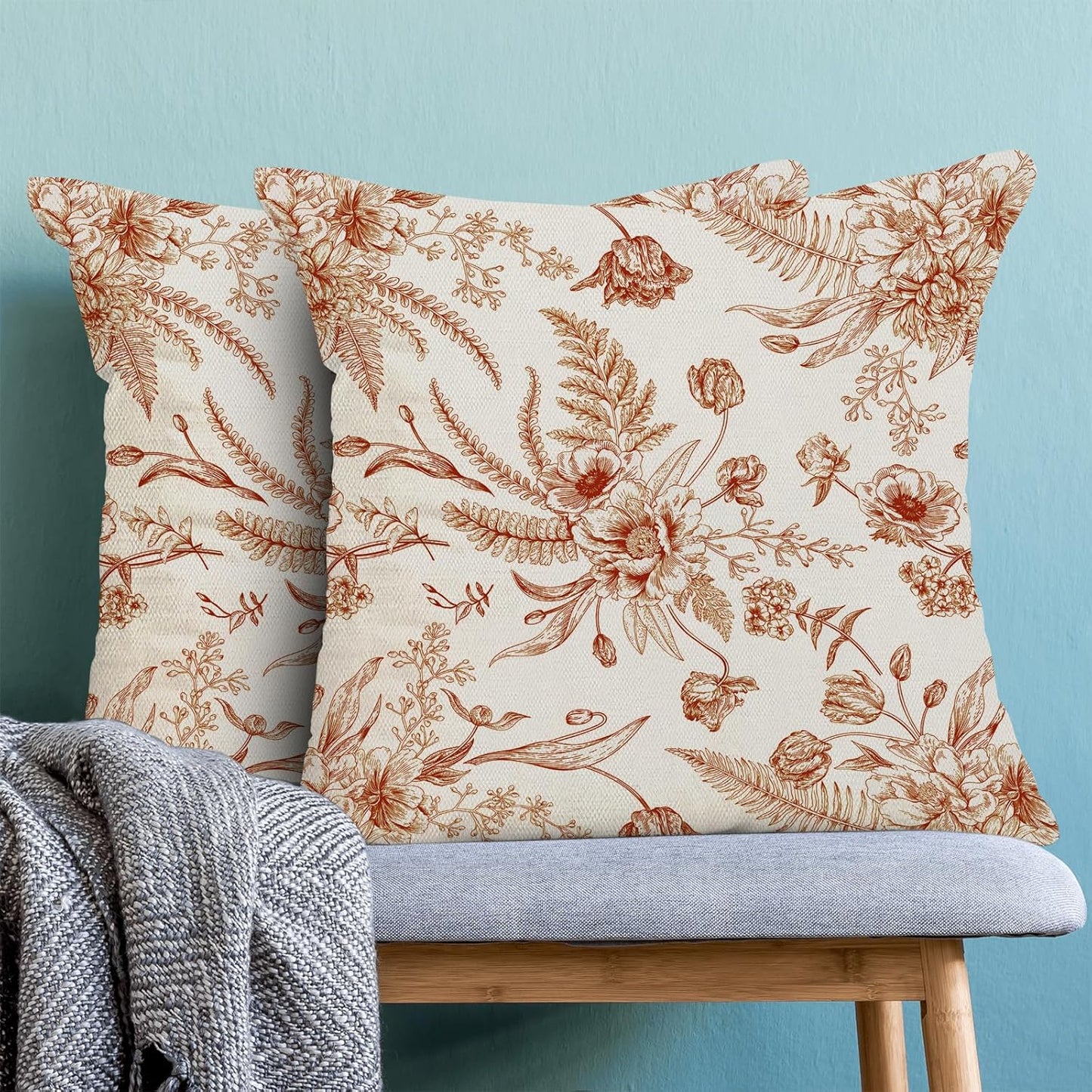 CXMEIFLY Burnt Orange Spring Pillow Covers 18 x 18 Inch Set of 2 for Chinoiserie Flowers Decor Throw Pillows Floral Leaves Seasonal Plant Outdoor Decorative Cushion Cases for Couch Bed Decorations