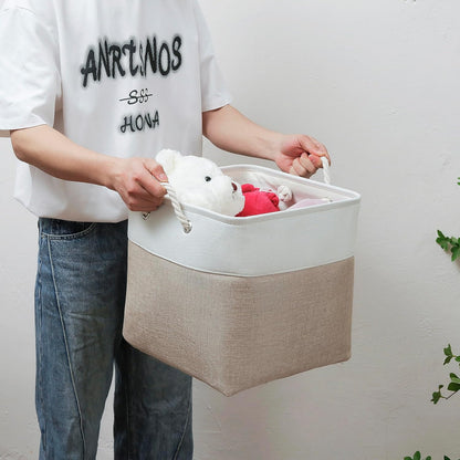 13 x 13 Inch Cube Storage Bins, 4 Pack Large Collapsible Fabric Storage Bin with Ropes, Foldable Storage Cubes for Home, Office,Closet, Clothes, Toys Organizer (White & Beige)