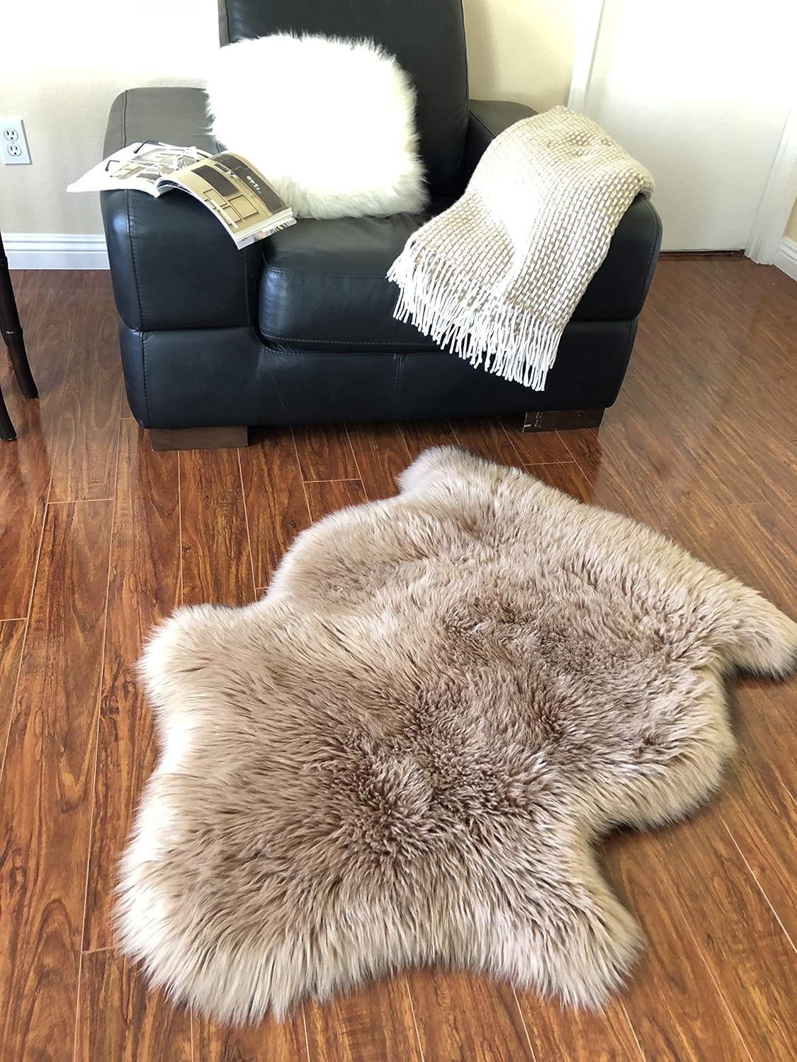 LAMBZY Faux Sheepskin Hypoallergenic Free Shape Silky Shag Rug, Luxury Shaggy Silky Plush Carpet for Bedrooms Rugs Living Room Kids Rooms Sofa Floor Rugs (Single 2'x3',60x90cm Camel)