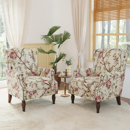 Lumibee Wingback Accent Chair, 2 Set High Back Floral Armchairs in Fabric,Comfy Upholstered Reading Single Sofa Chairs with Solid Wood Legs for Living Room,Bedroom,Office-Floral Beige
