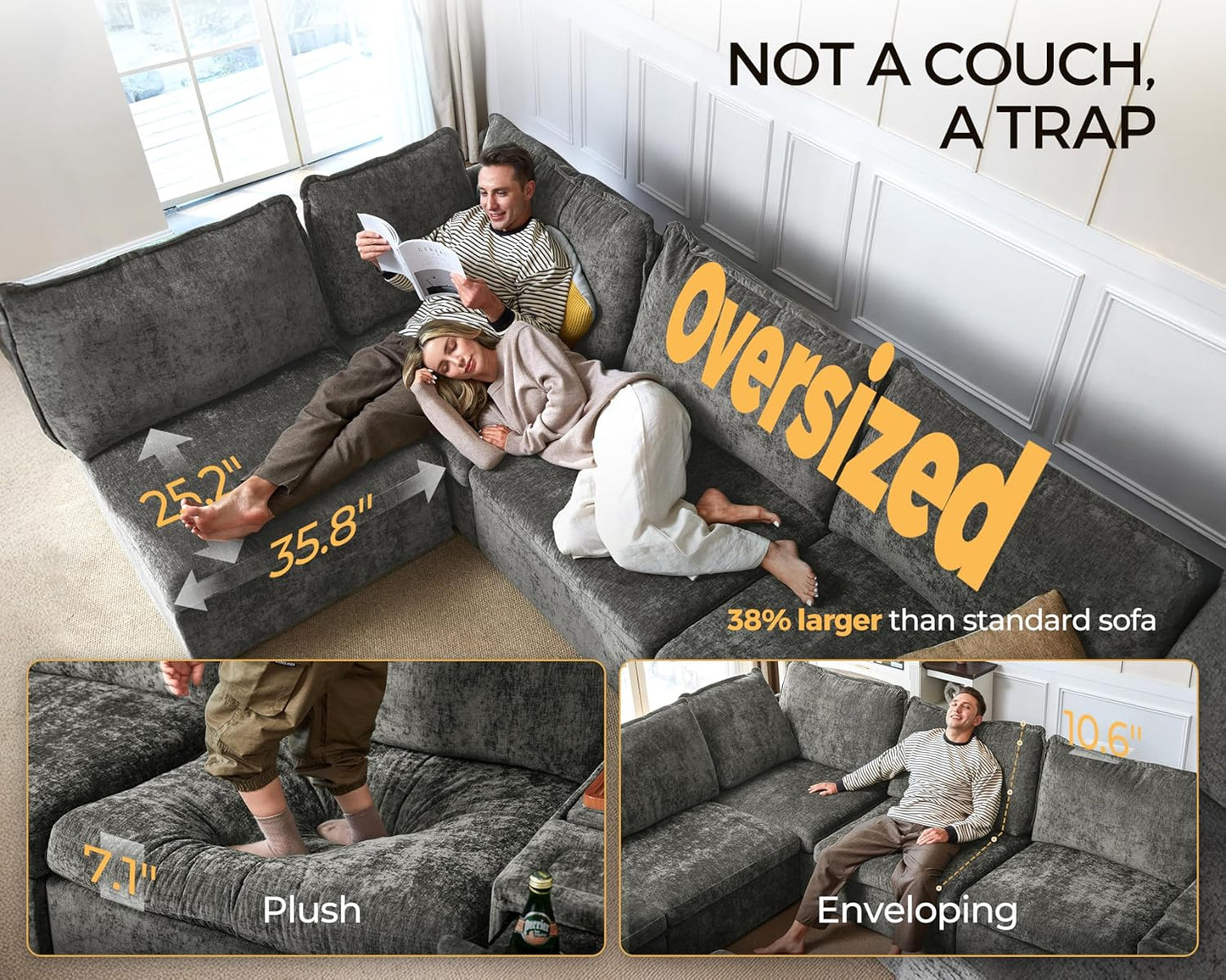 Oversized Modular Sofa Comfy Cloud Couch with Storage, Extra Deep Plush Sectional Sofa Set for Living Room, Covers Washable, Chenille, Olar (Grey, 6-seatser with Corner & Ottoman, v-Shaped)