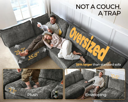 Oversized Modular Sofa Comfy Cloud Couch with Storage, Extra Deep Plush Sectional Sofa Set for Living Room, Covers Washable, Chenille, Olar (Grey, 4-Seater with Ottoman, l-Shaped)