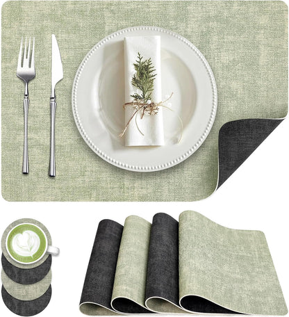 Faux Leather Dual Sided Placemats Set of 4, Square Non-Slip Heat Resistant Placemats with Coaster, Reversible wipeable Waterproof Table Mats for Kitchen, Dining, Outdoor (4, Black Light Green)