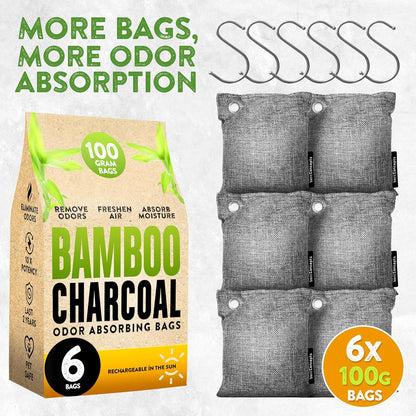 Charcoal Odor Absorber for Strong Odor (6 Pack, 100g each), Bamboo Charcoal Air Purifying Bag, Basement Musty Odor Eliminator Deodorizer, Activated Charcoal Odor Absorber for Closet, Shoe, Car
