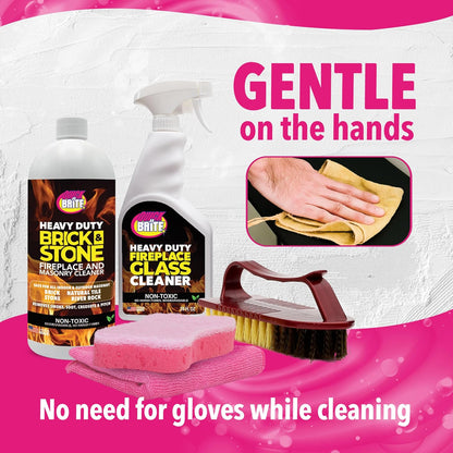 Quick N Brite Fireplace Cleaning Kit – Includes 24 oz Fireplace Glass Cleaner, 32 oz Gel Fireplace Cleaner, Scrub Brush, Sponge and Microfiber Towel